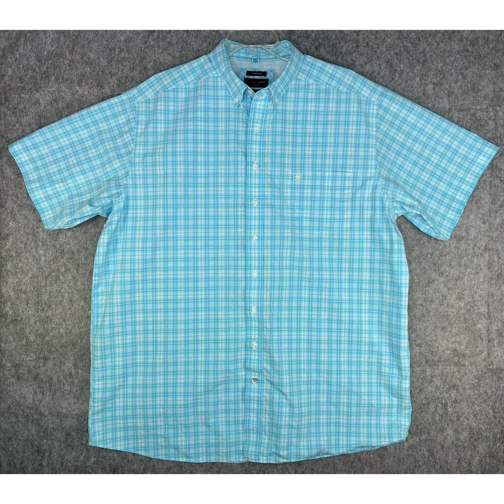 Ariat Pro Series Stretch Button Down Shirt 2XLT Blue Plaid Short Sleeve Tall